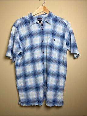 Patagonia Blue Plaid Short Sleeve Organic Cotton Button Up XL Comfy Everyday